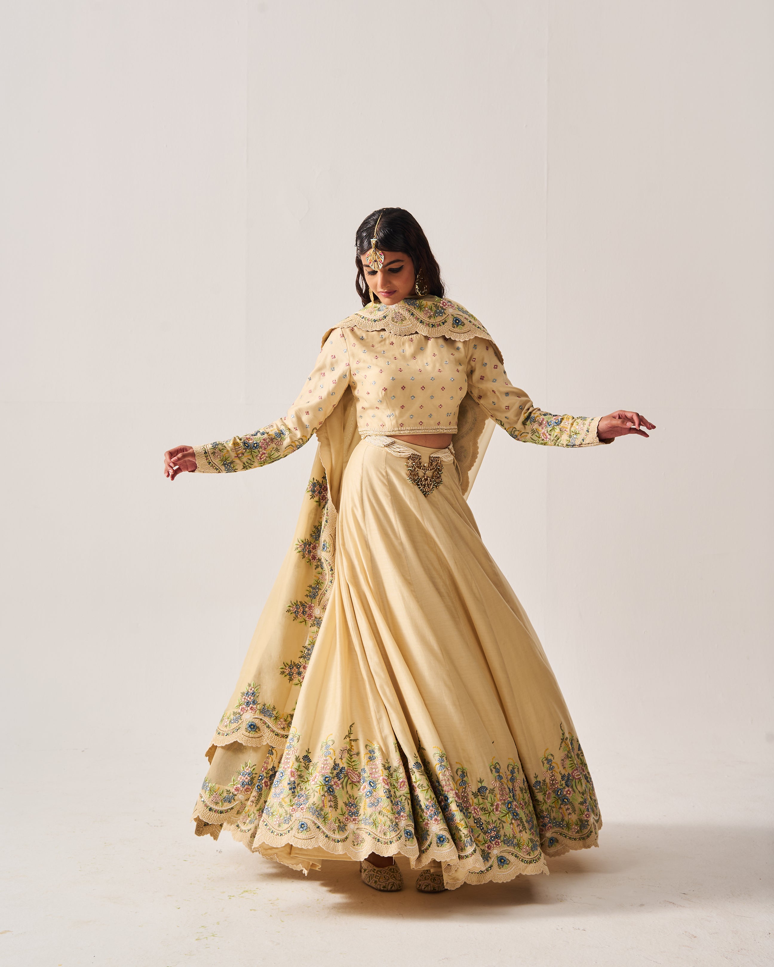 Lehenga with Blouse and Dupatta / Chanderi / Light Beige / Floral Abundance / Resham/Hand Embroidery