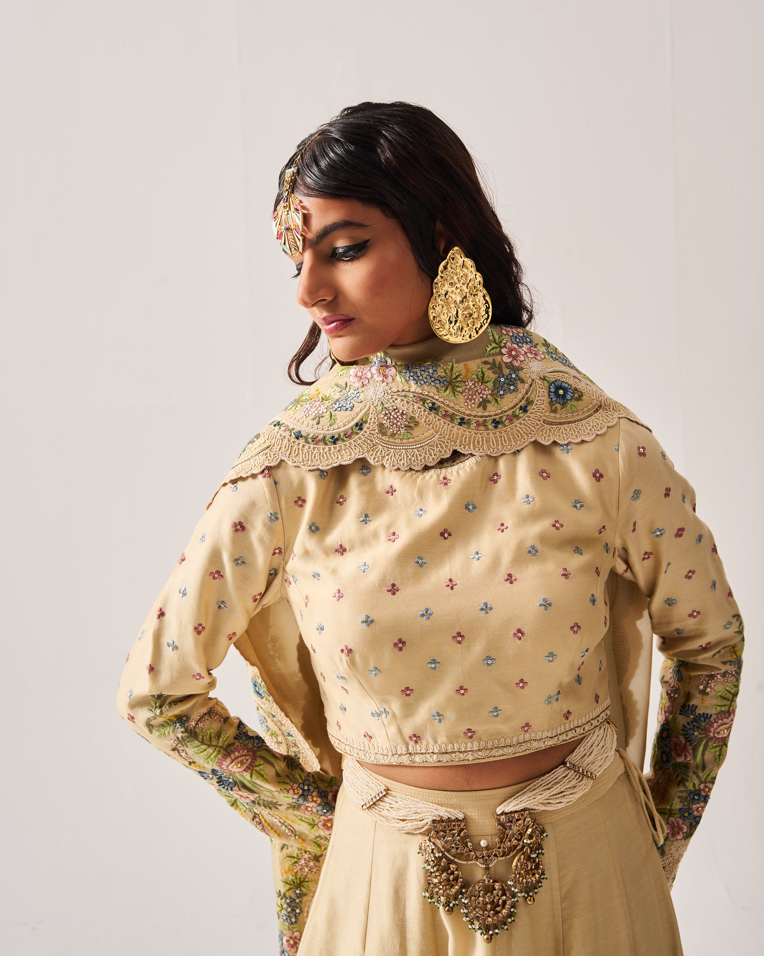 Lehenga with Blouse and Dupatta / Chanderi / Light Beige / Floral Abundance / Resham/Hand Embroidery