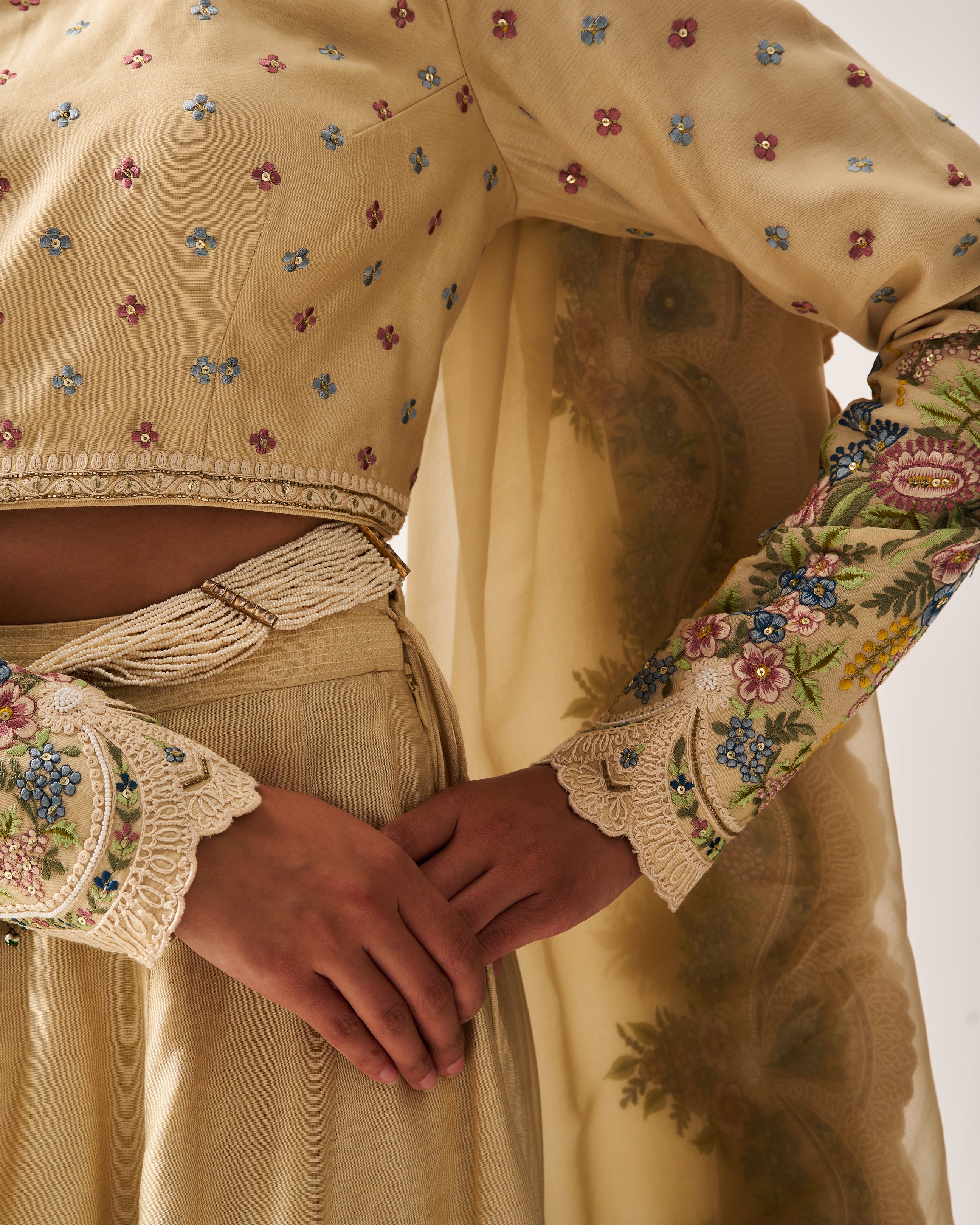 Lehenga with Blouse and Dupatta / Chanderi / Light Beige / Floral Abundance / Resham/Hand Embroidery