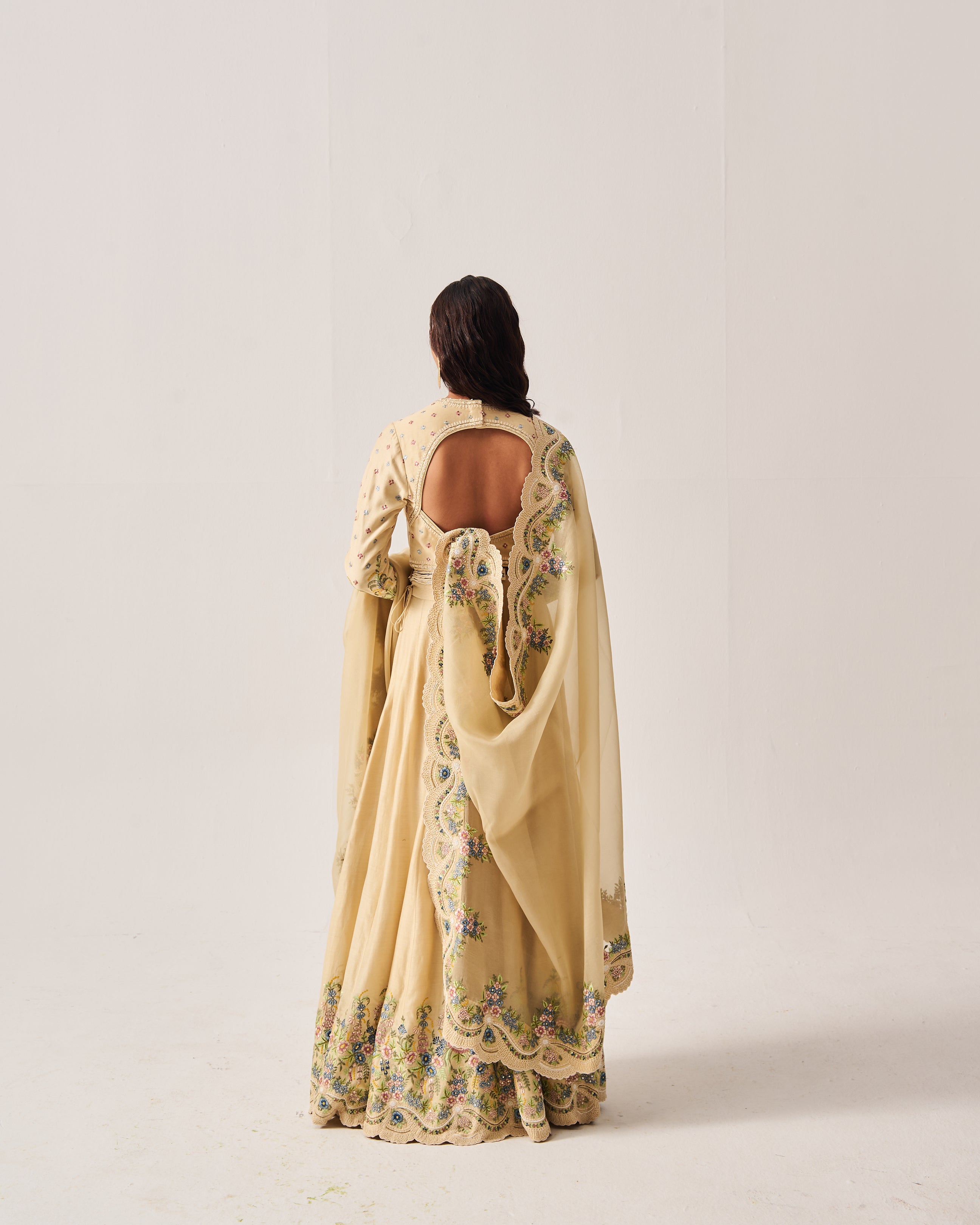 Lehenga with Blouse and Dupatta / Chanderi / Light Beige / Floral Abundance / Resham/Hand Embroidery