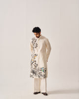 Kurta With Flare Pants / Chanderi / Ivory / Monochrome Garden / Hand Paint