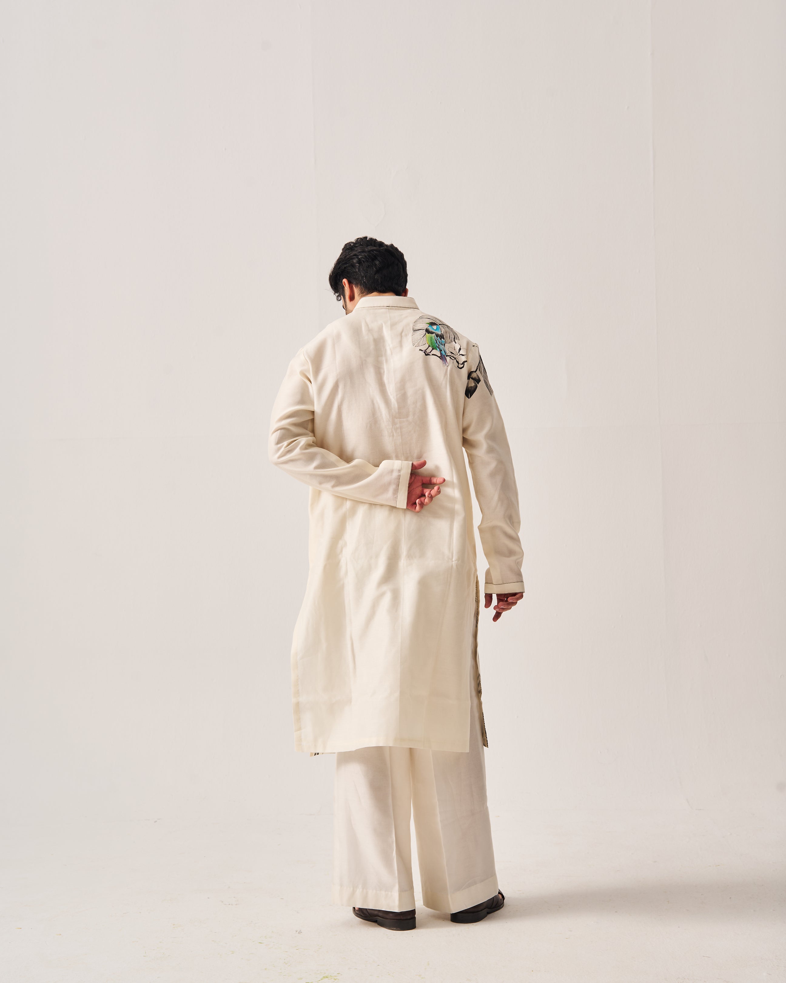 Kurta With Flare Pants / Chanderi / Ivory / Monochrome Garden / Hand Paint