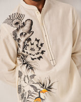 Kurta With Flare Pants / Chanderi / Ivory / Monochrome Garden / Hand Paint