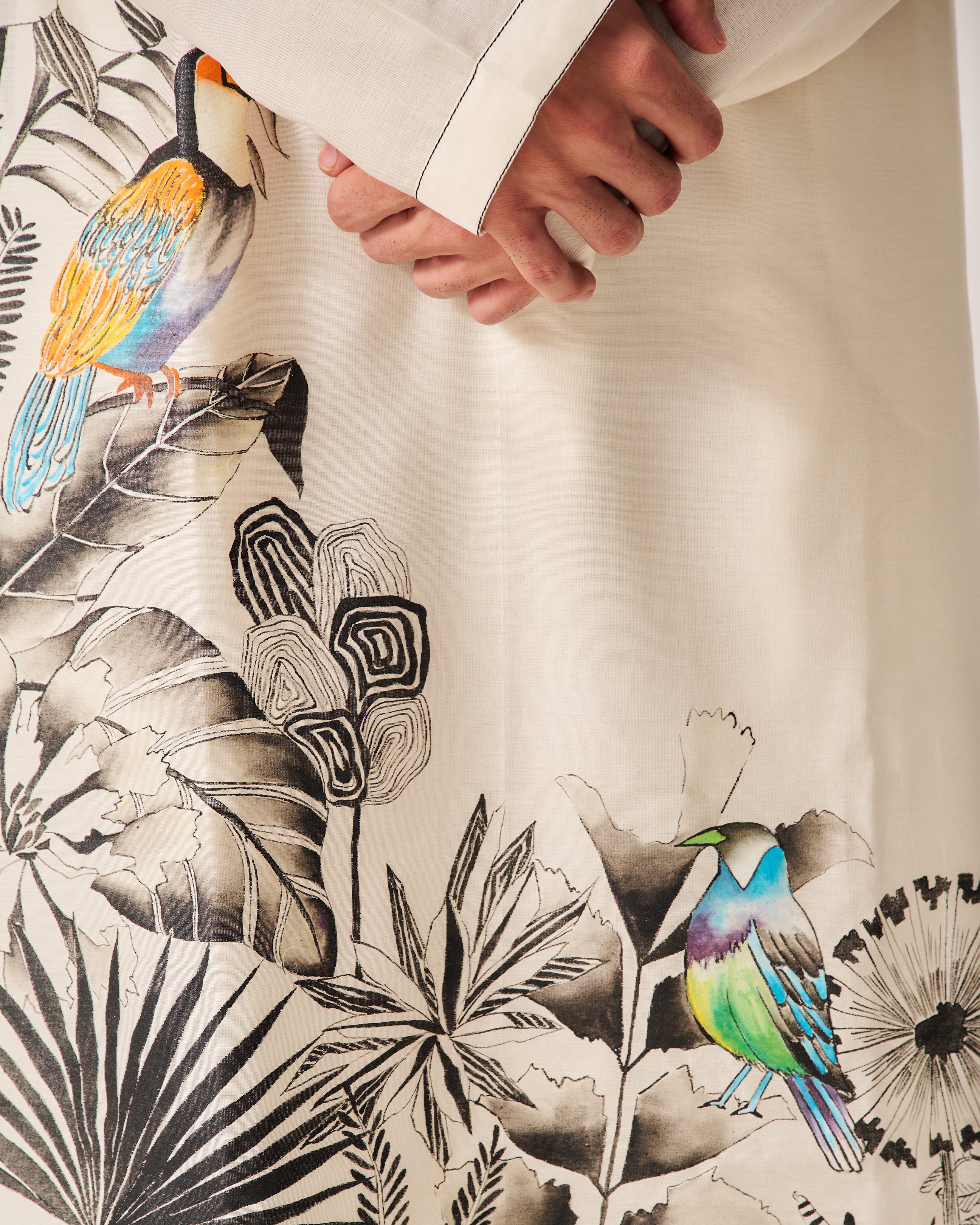 Kurta With Flare Pants / Chanderi / Ivory / Monochrome Garden / Hand Paint