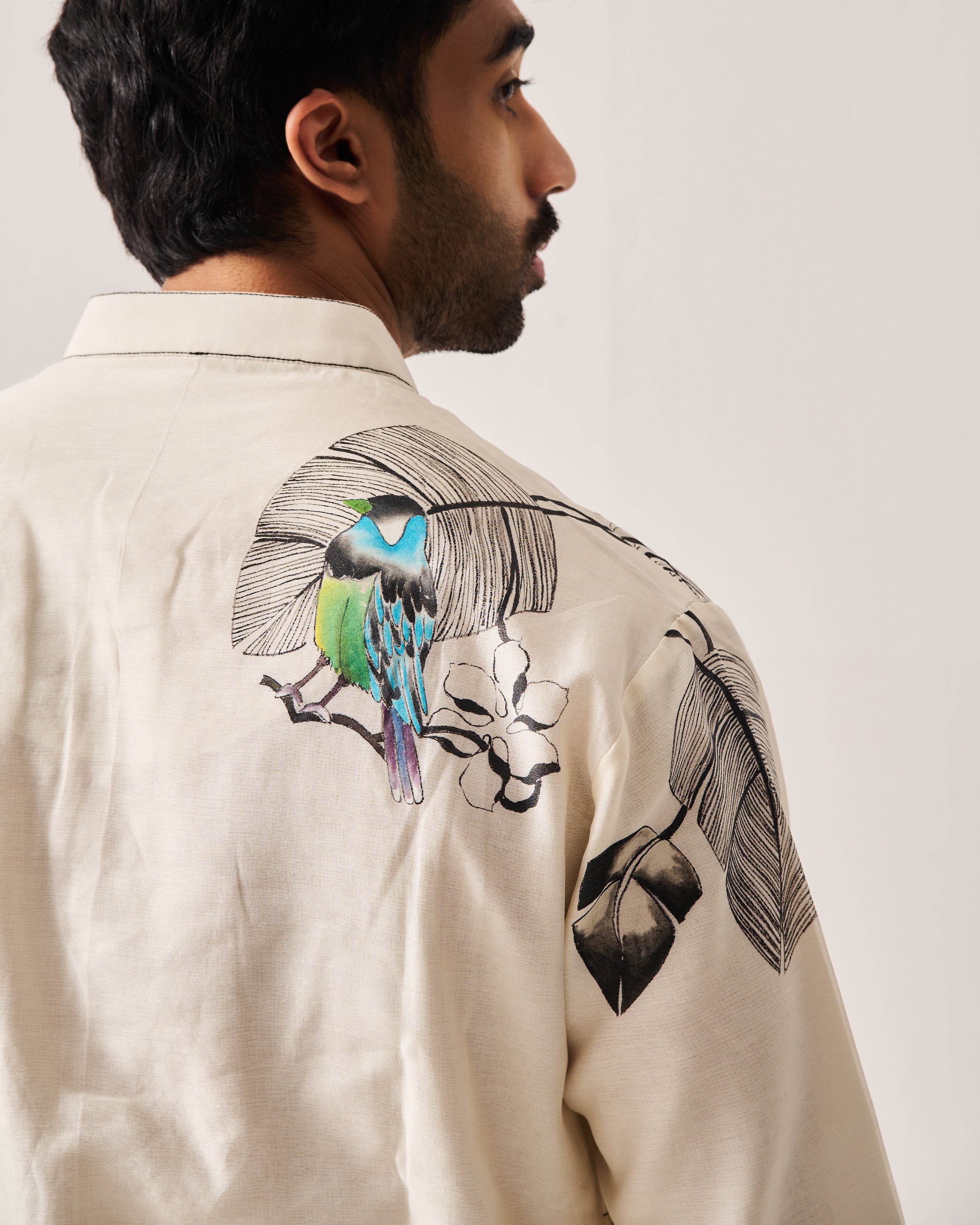 Kurta With Flare Pants / Chanderi / Ivory / Monochrome Garden / Hand Paint