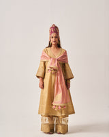 Angrakha Anarkali with Flare Pants and Dupatta / Tissue Woven / Beige / Golden Bloom / Dori/Hand Embroidery
