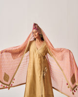 Angrakha Anarkali with Flare Pants and Dupatta / Tissue Woven / Beige / Golden Bloom / Dori/Hand Embroidery