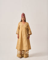 Angrakha Anarkali with Flare Pants and Dupatta / Tissue Woven / Beige / Golden Bloom / Dori/Hand Embroidery
