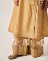 Angrakha Anarkali with Flare Pants and Dupatta / Tissue Woven / Beige / Golden Bloom / Dori/Hand Embroidery