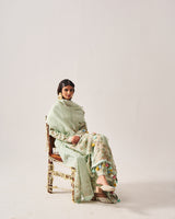 Side Panel Kurta with Flare Pants and Dupatta / Chanderi / Light Sage / Floral Palms / Resham/Hand Embroidery