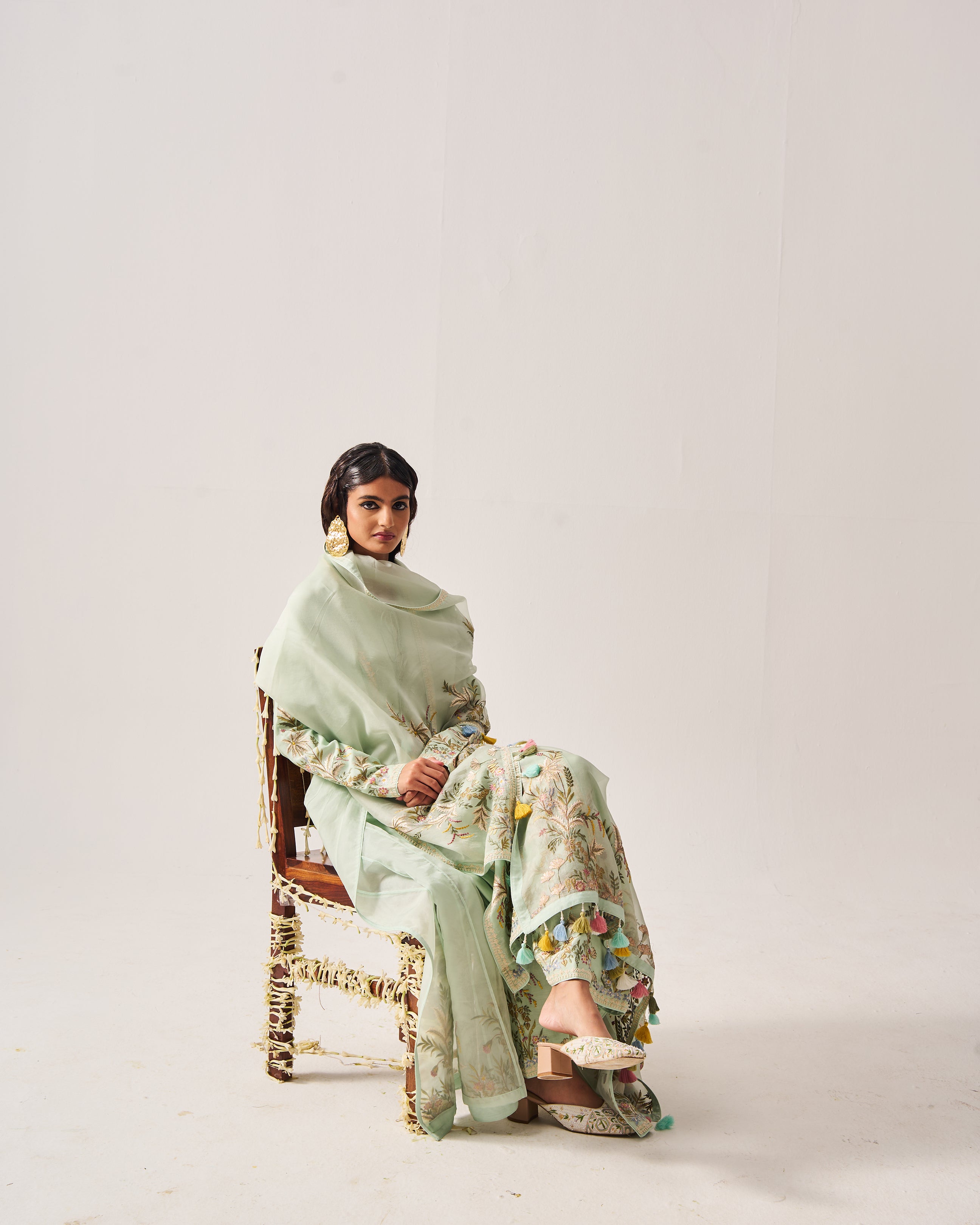 Side Panel Kurta with Flare Pants and Dupatta / Chanderi / Light Sage / Floral Palms / Resham/Hand Embroidery