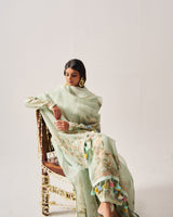 Side Panel Kurta with Flare Pants and Dupatta / Chanderi / Light Sage / Floral Palms / Resham/Hand Embroidery