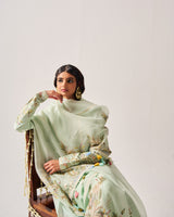 Side Panel Kurta with Flare Pants and Dupatta / Chanderi / Light Sage / Floral Palms / Resham/Hand Embroidery