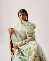 Side Panel Kurta with Flare Pants and Dupatta / Chanderi / Light Sage / Floral Palms / Resham/Hand Embroidery