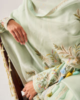 Side Panel Kurta with Flare Pants and Dupatta / Chanderi / Light Sage / Floral Palms / Resham/Hand Embroidery