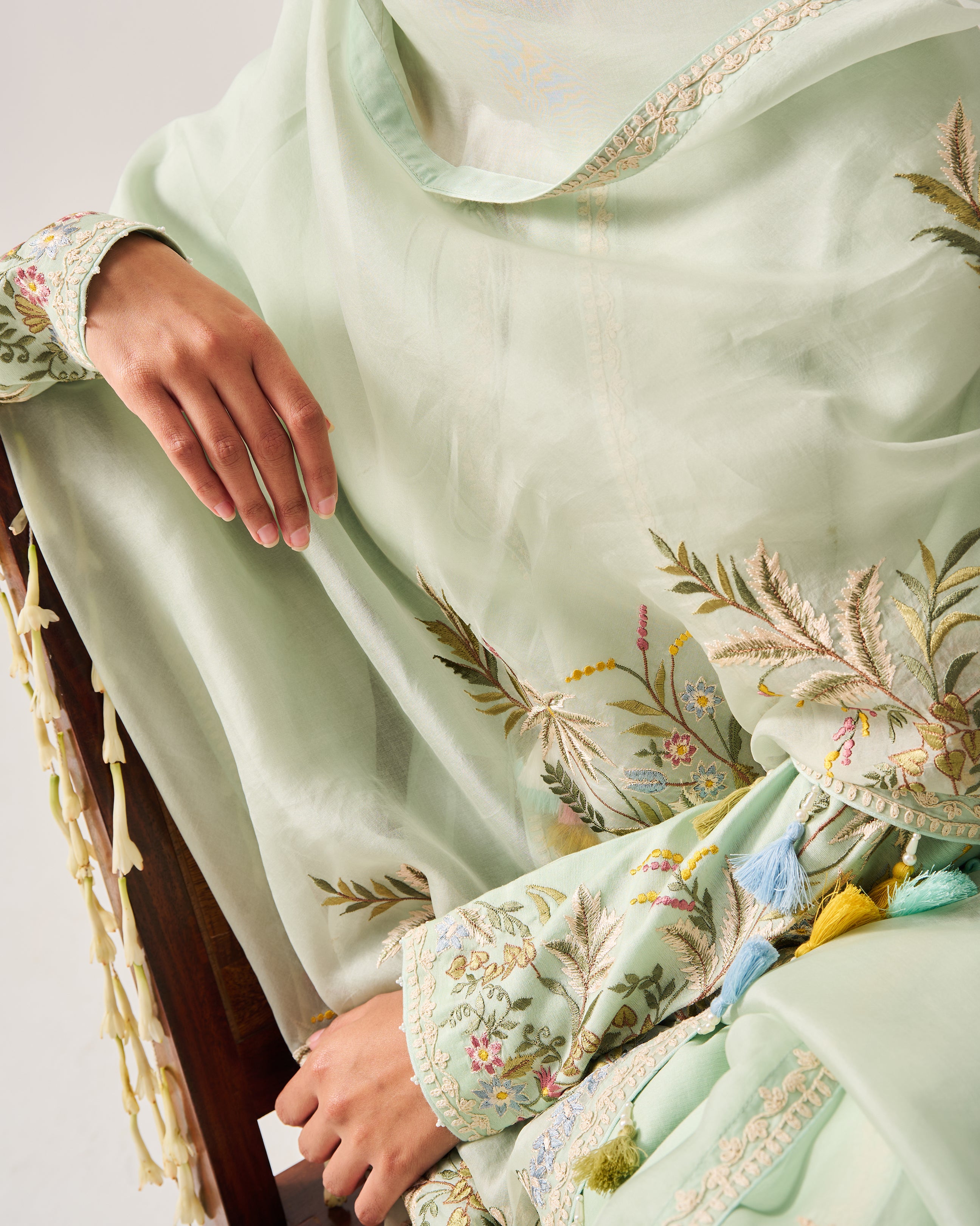 Side Panel Kurta with Flare Pants and Dupatta / Chanderi / Light Sage / Floral Palms / Resham/Hand Embroidery