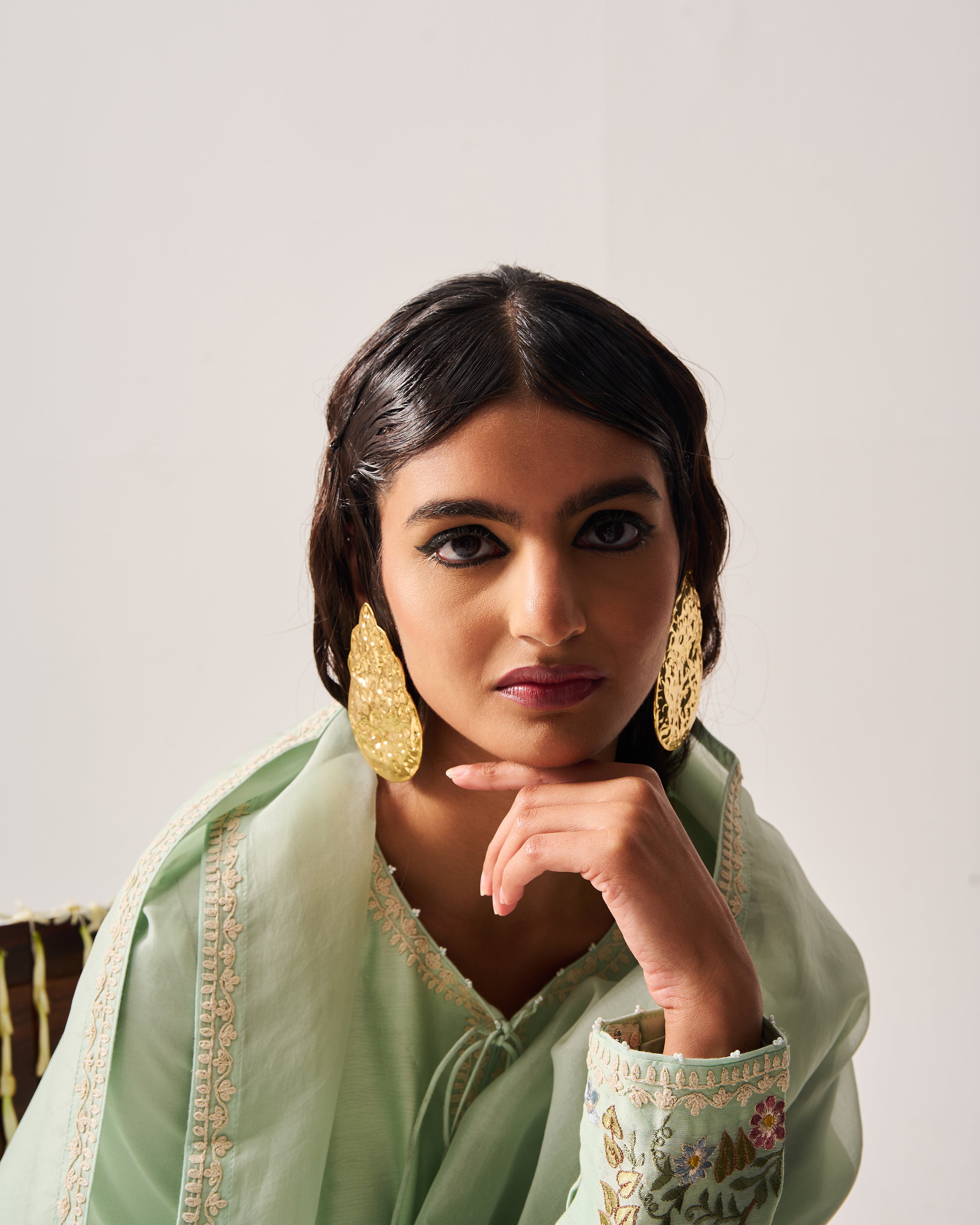 Side Panel Kurta with Flare Pants and Dupatta / Chanderi / Light Sage / Floral Palms / Resham/Hand Embroidery