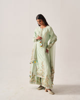 Side Panel Kurta with Flare Pants and Dupatta / Chanderi / Light Sage / Floral Palms / Resham/Hand Embroidery