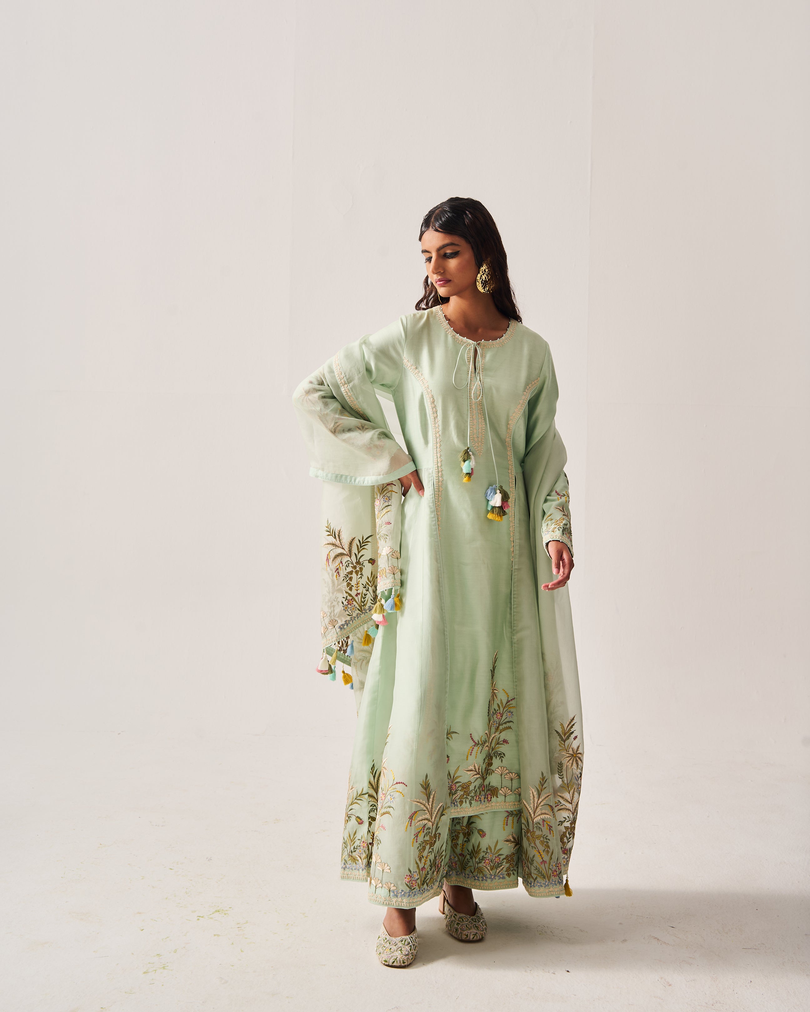 Side Panel Kurta with Flare Pants and Dupatta / Chanderi / Light Sage / Floral Palms / Resham/Hand Embroidery