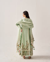 Side Panel Kurta with Flare Pants and Dupatta / Chanderi / Light Sage / Floral Palms / Resham/Hand Embroidery