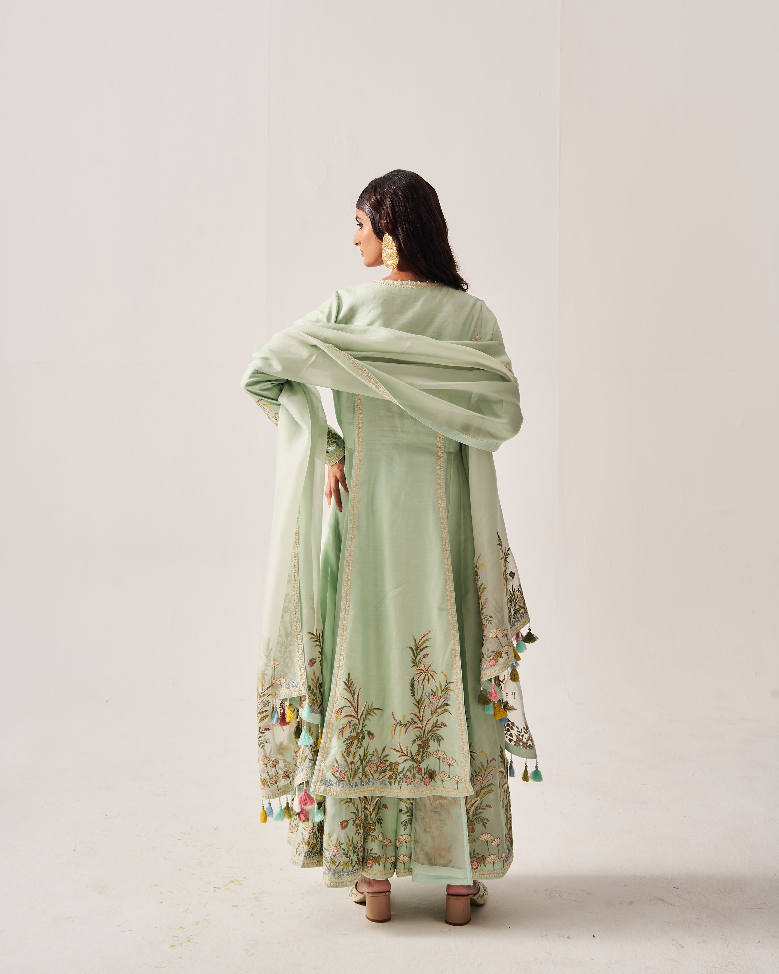 Side Panel Kurta with Flare Pants and Dupatta / Chanderi / Light Sage / Floral Palms / Resham/Hand Embroidery