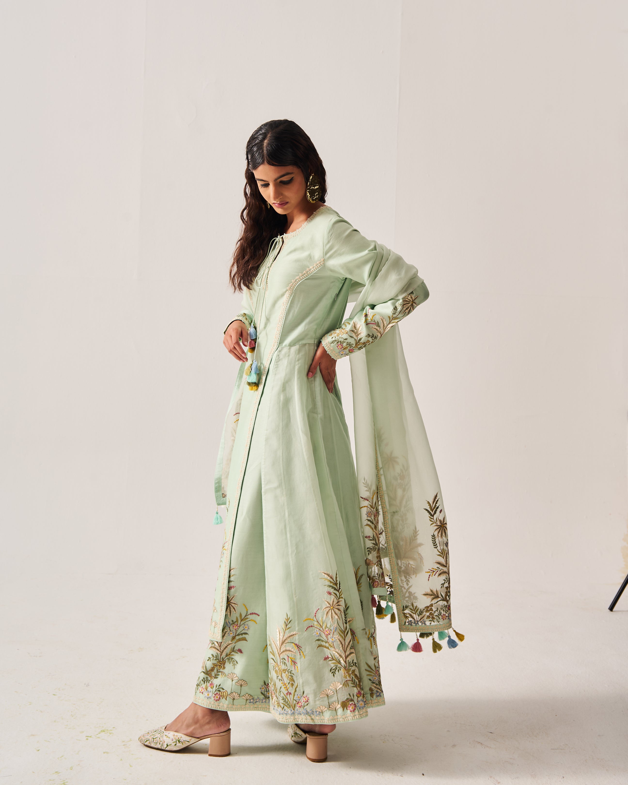 Side Panel Kurta with Flare Pants and Dupatta / Chanderi / Light Sage / Floral Palms / Resham/Hand Embroidery
