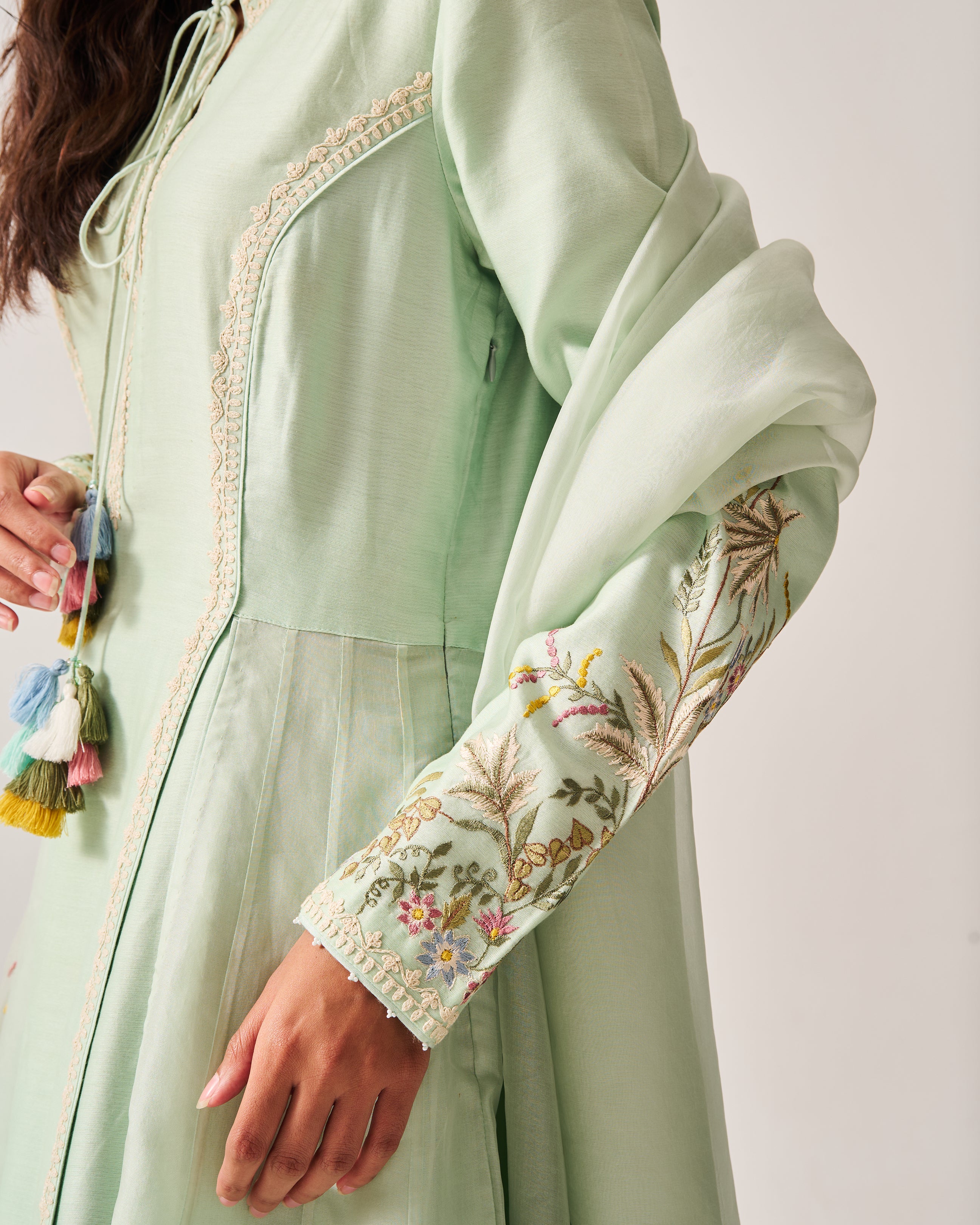 Side Panel Kurta with Flare Pants and Dupatta / Chanderi / Light Sage / Floral Palms / Resham/Hand Embroidery