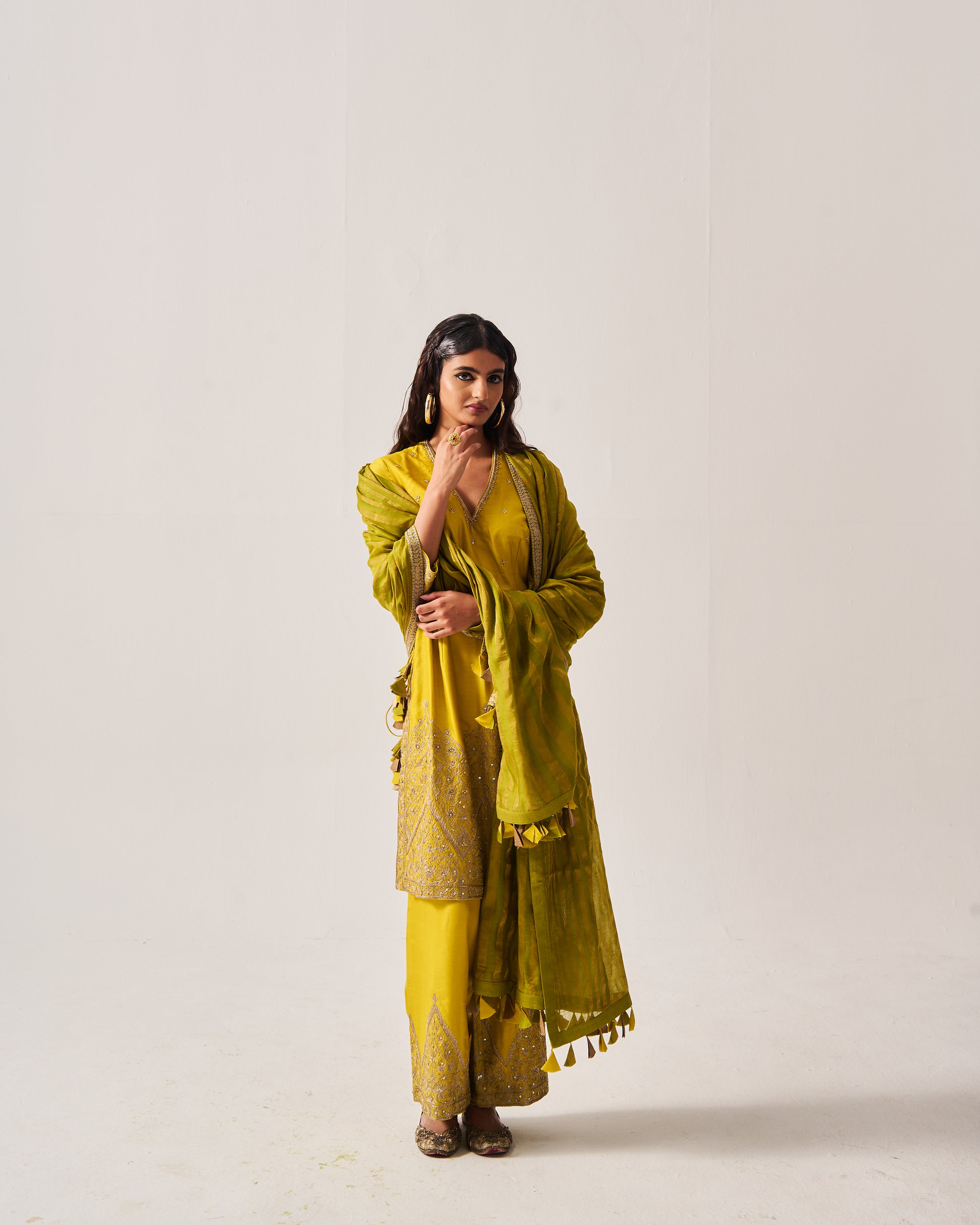 High slit Kurta with Flare Pants and Dupatta / Chanderi / Mustard / Floral Dome / Aari/Hand Embroidery