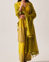 High slit Kurta with Flare Pants and Dupatta / Chanderi / Mustard / Floral Dome / Aari/Hand Embroidery