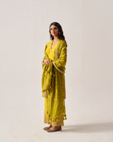 High slit Kurta with Flare Pants and Dupatta / Chanderi / Mustard / Floral Dome / Aari/Hand Embroidery