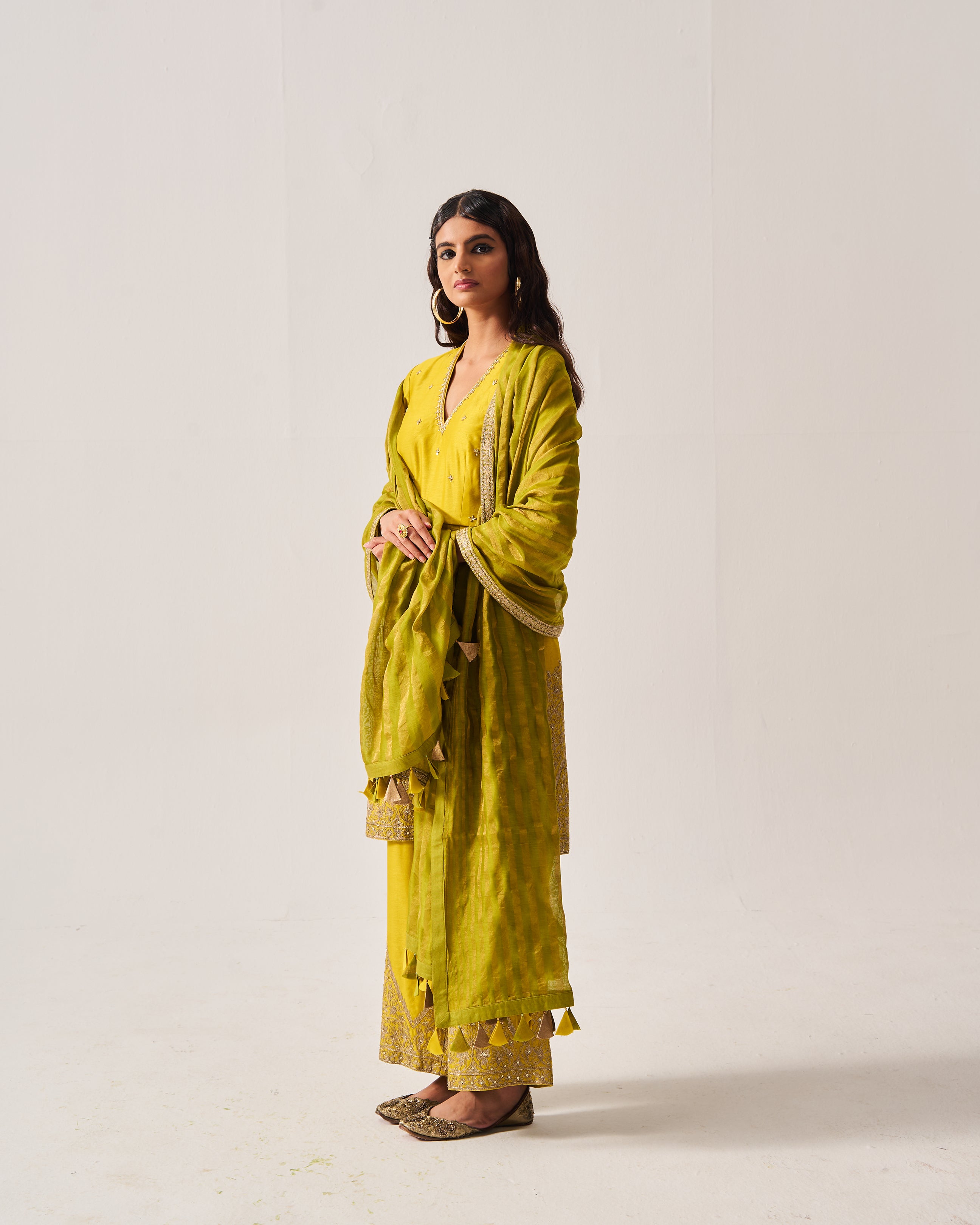 High slit Kurta with Flare Pants and Dupatta / Chanderi / Mustard / Floral Dome / Aari/Hand Embroidery