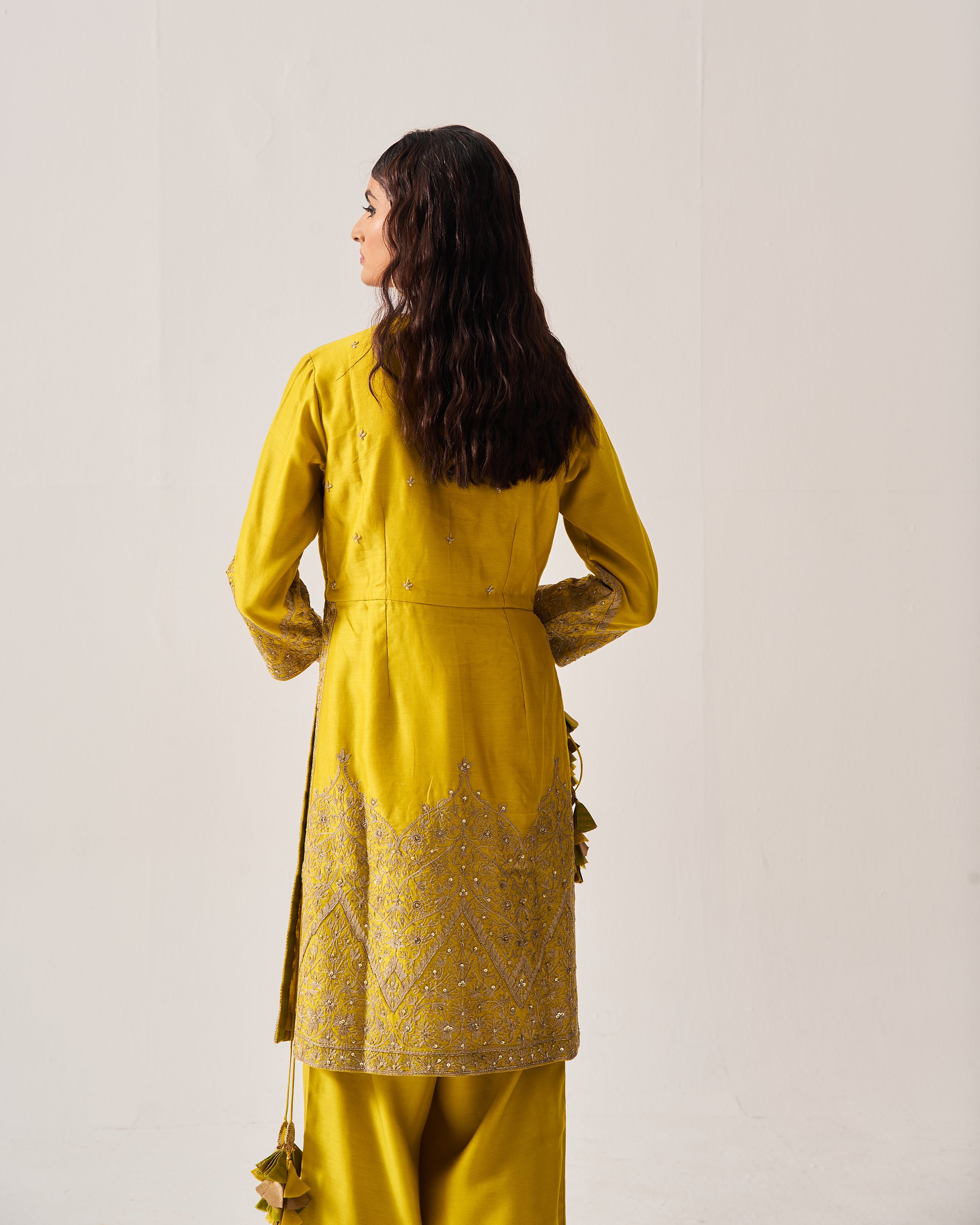 High slit Kurta with Flare Pants and Dupatta / Chanderi / Mustard / Floral Dome / Aari/Hand Embroidery