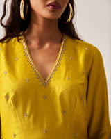 High slit Kurta with Flare Pants and Dupatta / Chanderi / Mustard / Floral Dome / Aari/Hand Embroidery