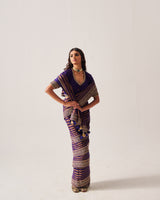 Saree with Stitched Blouse / Chanderi Woven / Purple / Stripes Saree / Dori/Hand Embroidery