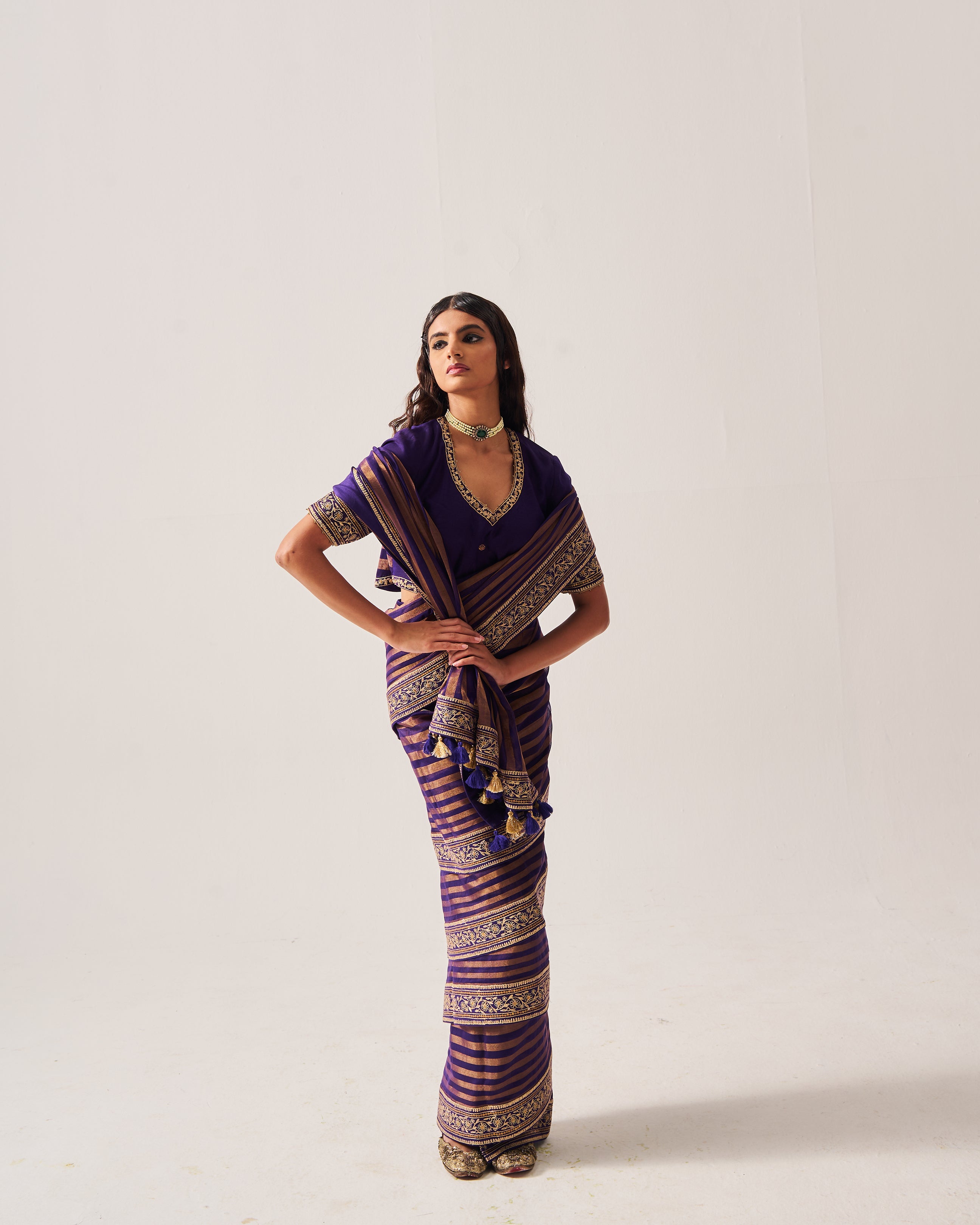 Saree with Stitched Blouse / Chanderi Woven / Purple / Stripes Saree / Dori/Hand Embroidery