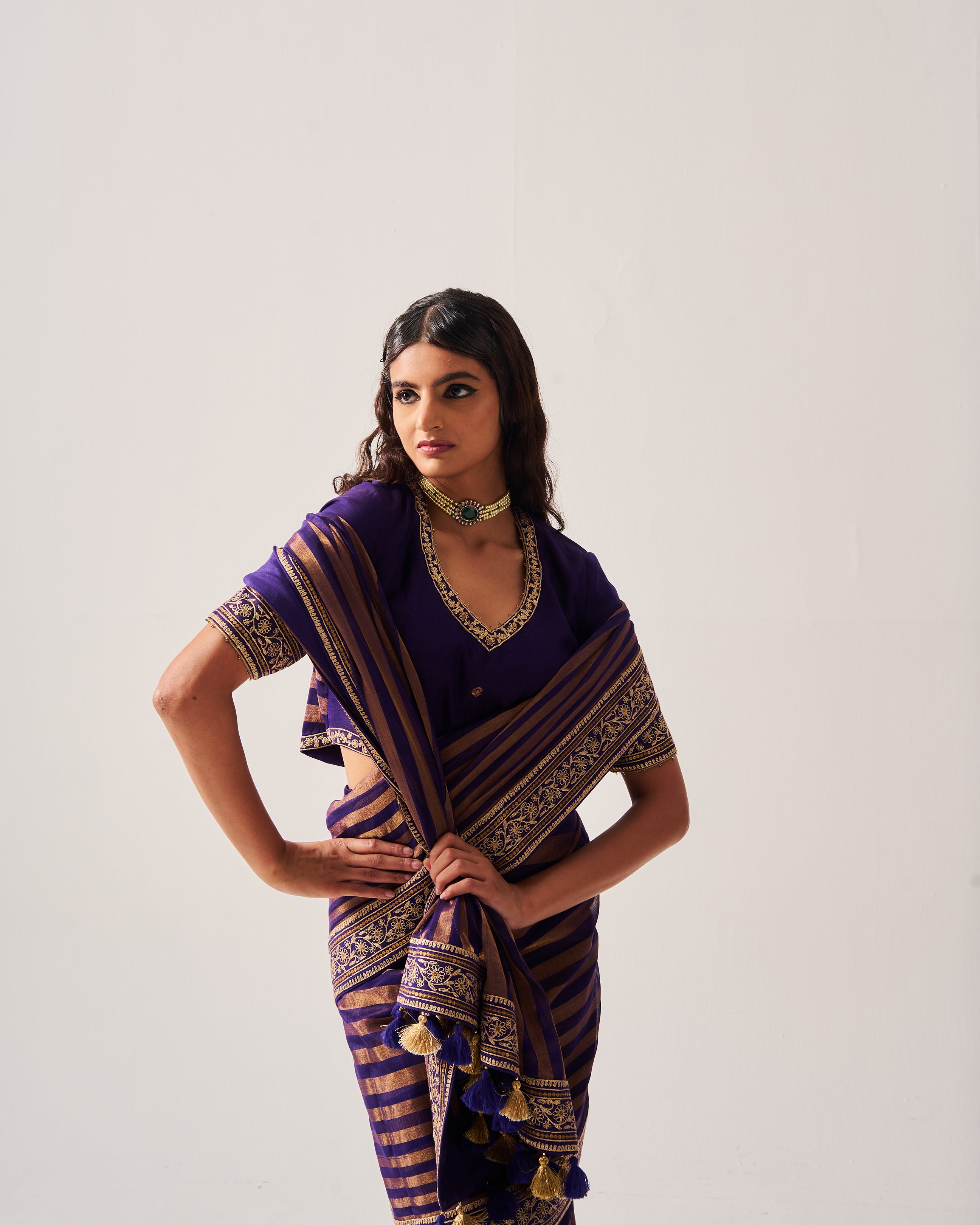 Saree with Stitched Blouse / Chanderi Woven / Purple / Stripes Saree / Dori/Hand Embroidery