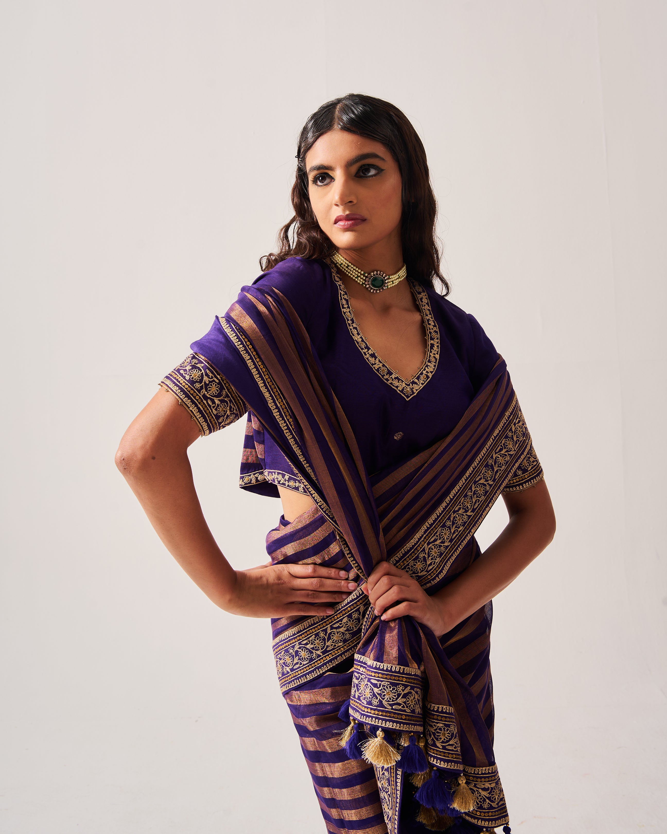Saree with Stitched Blouse / Chanderi Woven / Purple / Stripes Saree / Dori/Hand Embroidery