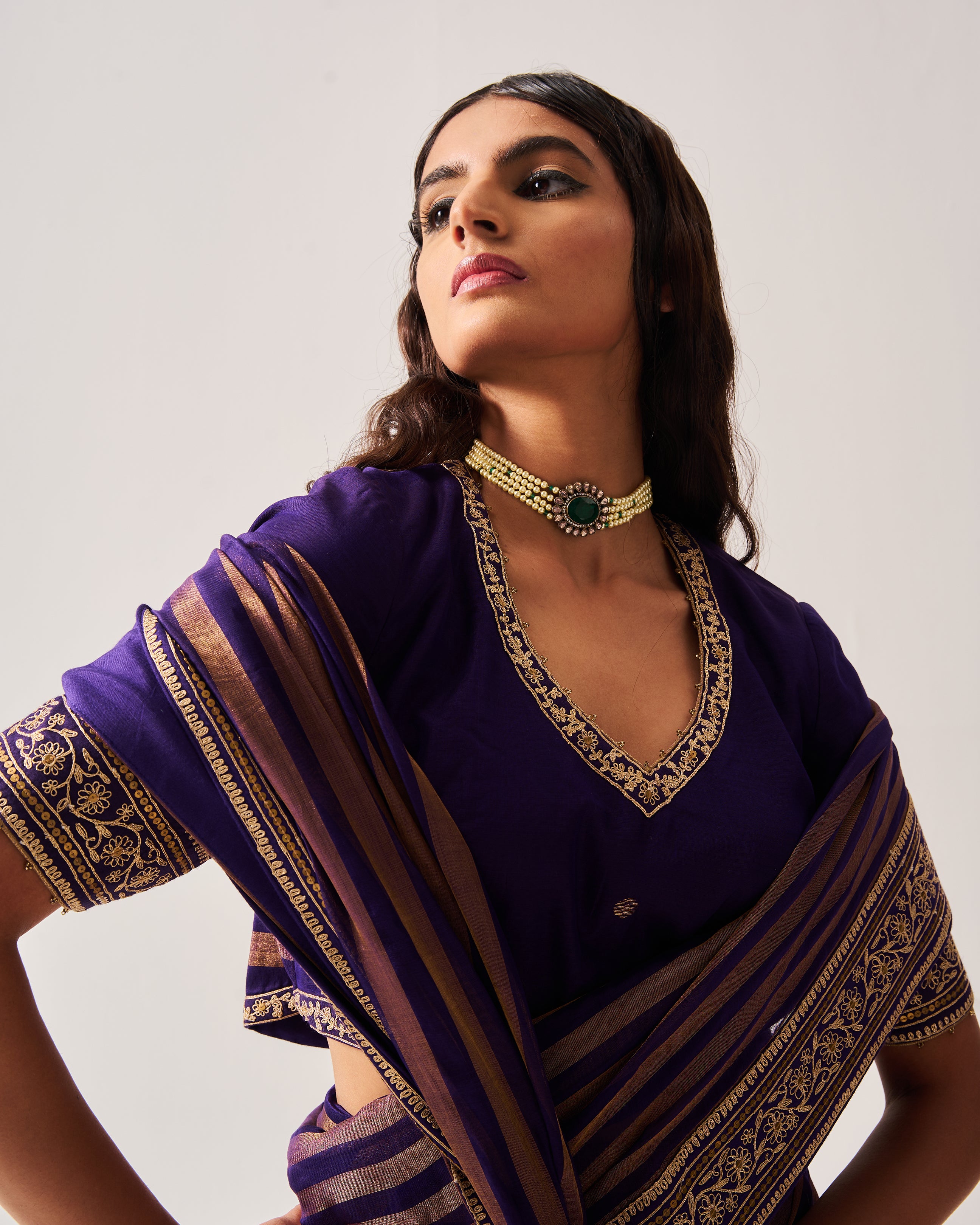 Saree with Stitched Blouse / Chanderi Woven / Purple / Stripes Saree / Dori/Hand Embroidery