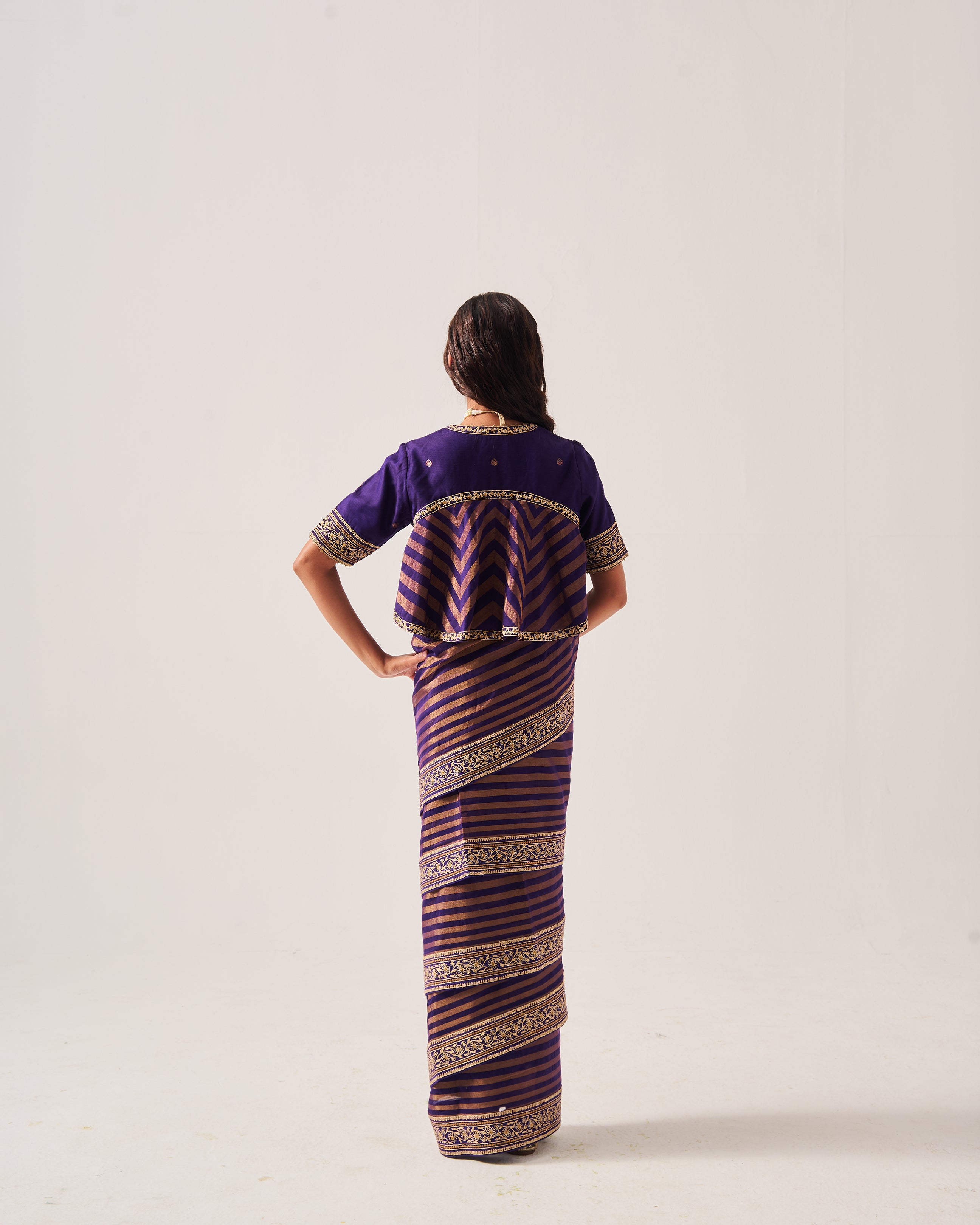 Saree with Stitched Blouse / Chanderi Woven / Purple / Stripes Saree / Dori/Hand Embroidery