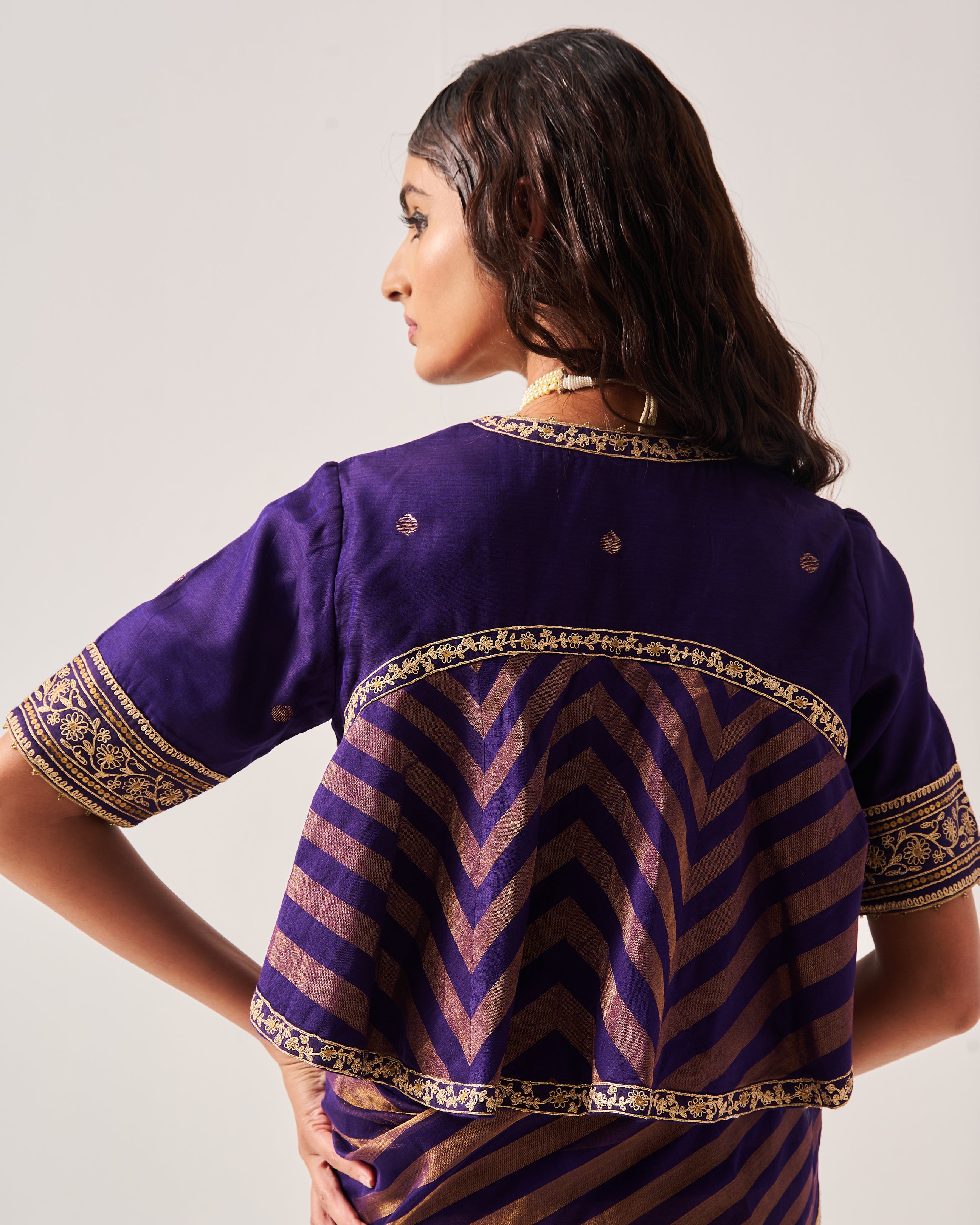 Saree with Stitched Blouse / Chanderi Woven / Purple / Stripes Saree / Dori/Hand Embroidery