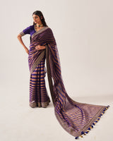 Saree with Stitched Blouse / Chanderi Woven / Purple / Stripes Saree / Dori/Hand Embroidery