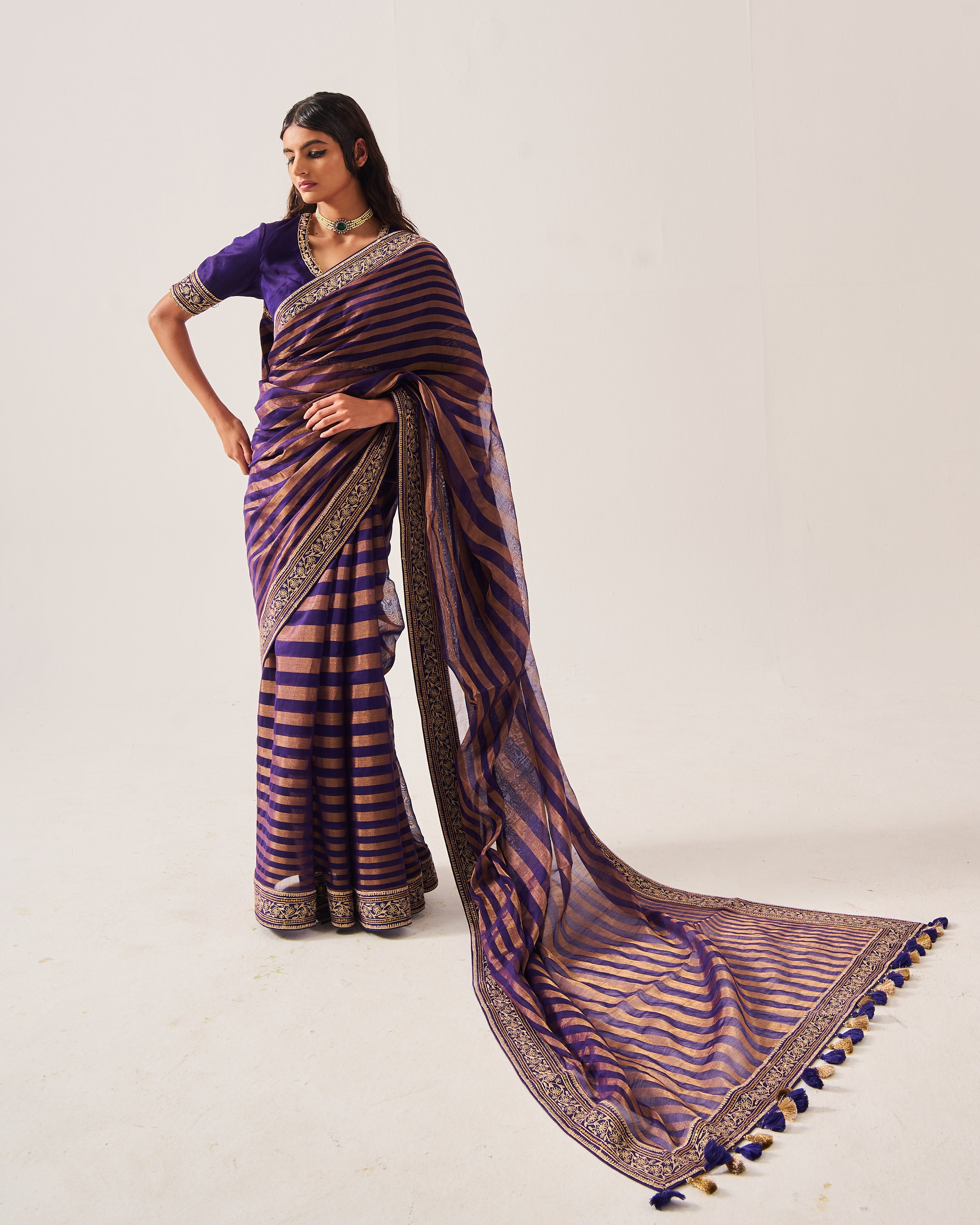 Saree with Stitched Blouse / Chanderi Woven / Purple / Stripes Saree / Dori/Hand Embroidery