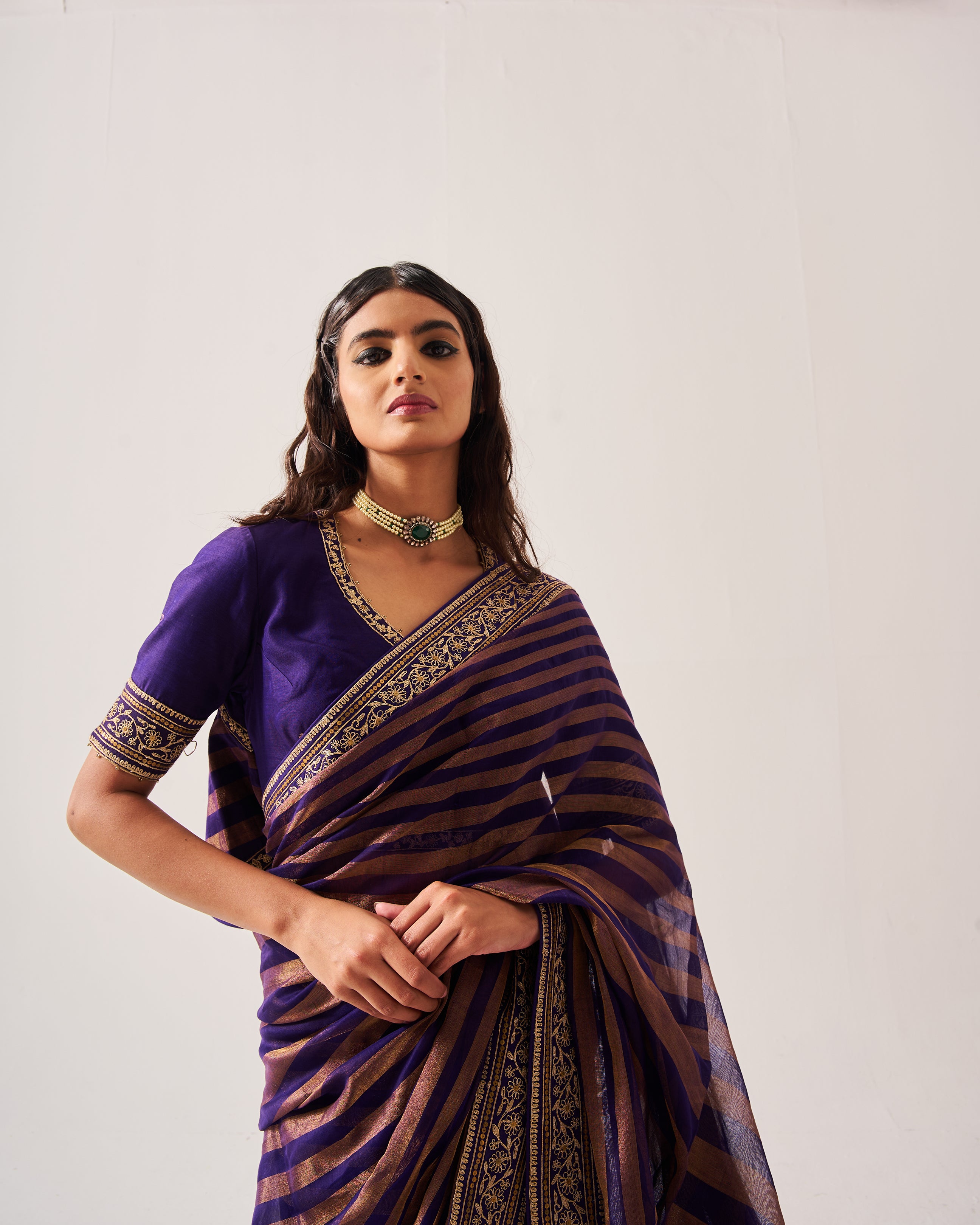 Saree with Stitched Blouse / Chanderi Woven / Purple / Stripes Saree / Dori/Hand Embroidery