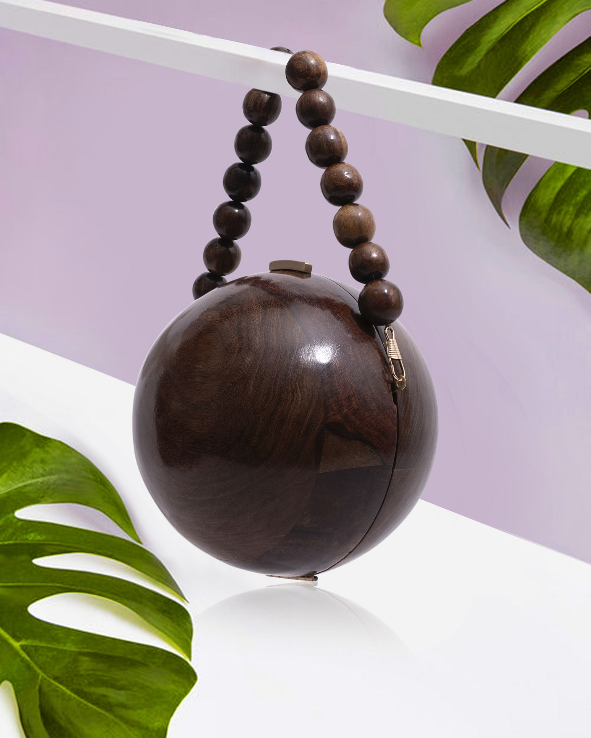 STYLISH GLOBE SOLID WOOD BAG WITH BEADED HANDLE