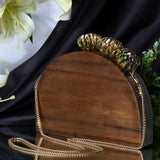 SEMI CIRCLE BAG WITH ORNATE BRASS FLOWERS IN SOLID SHEESHAM WOOD