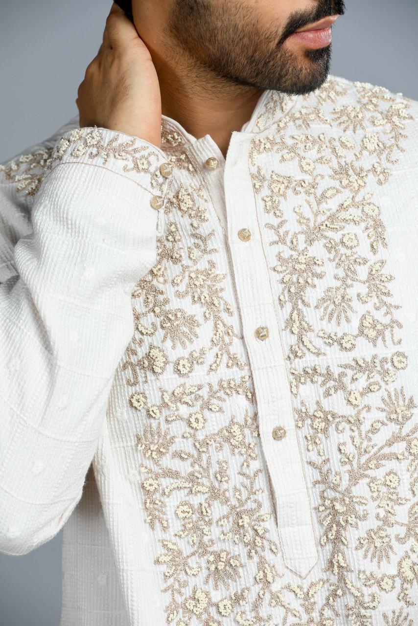 Ivory Cotton Embroidered Kurta