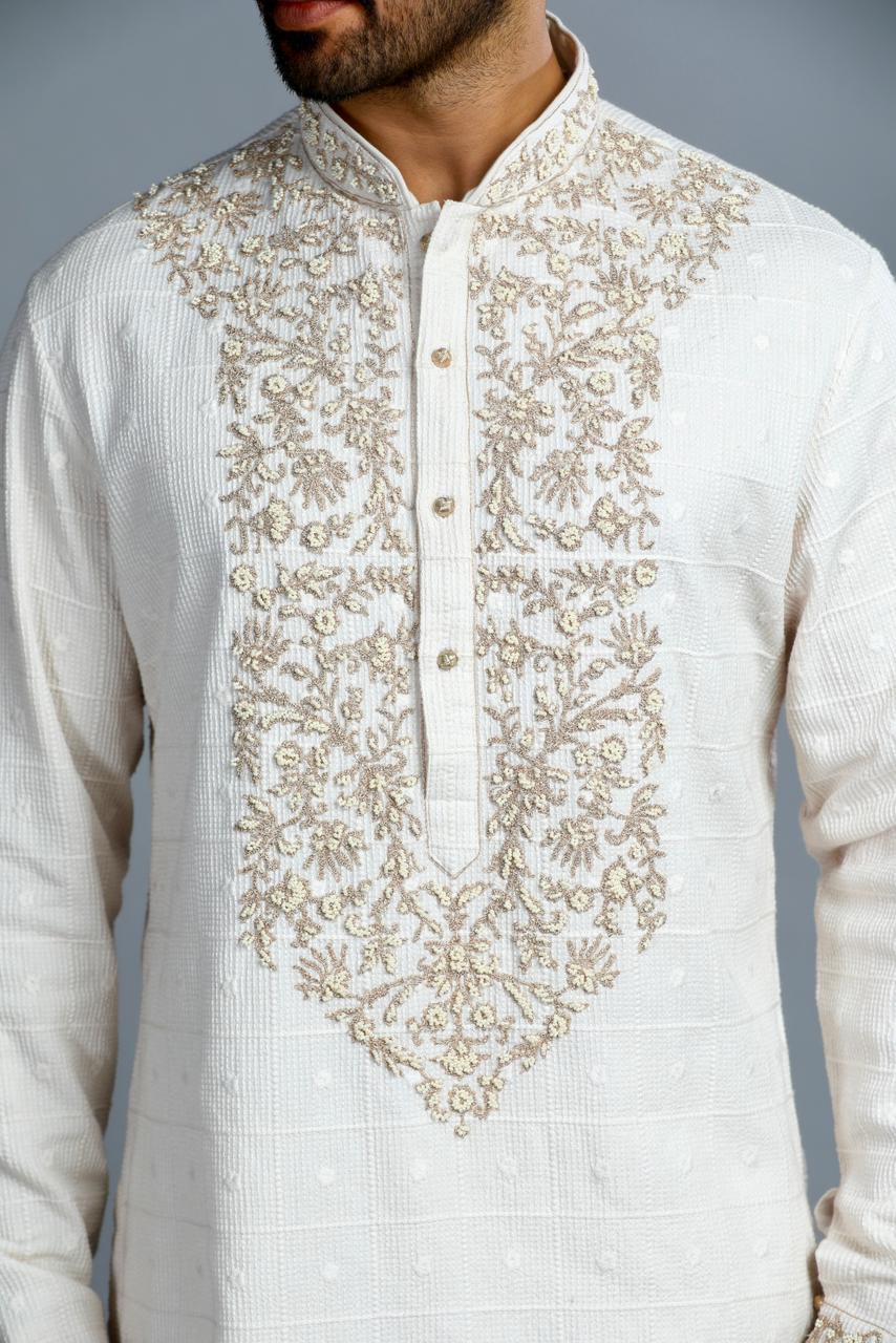Ivory Cotton Embroidered Kurta