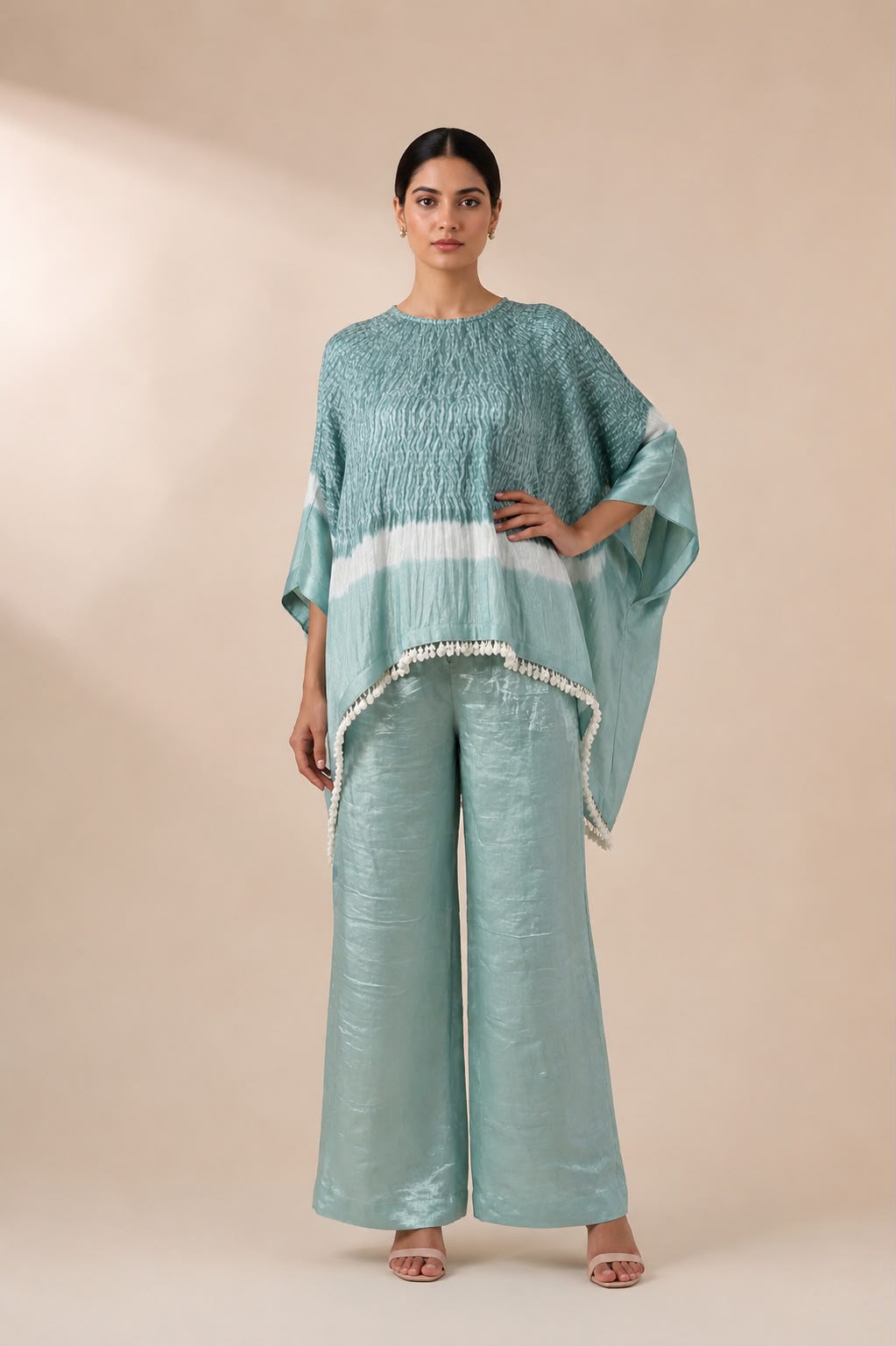 TISSUE AND CHANDERI WIDE SLEEVE TOP WITH TASSELS