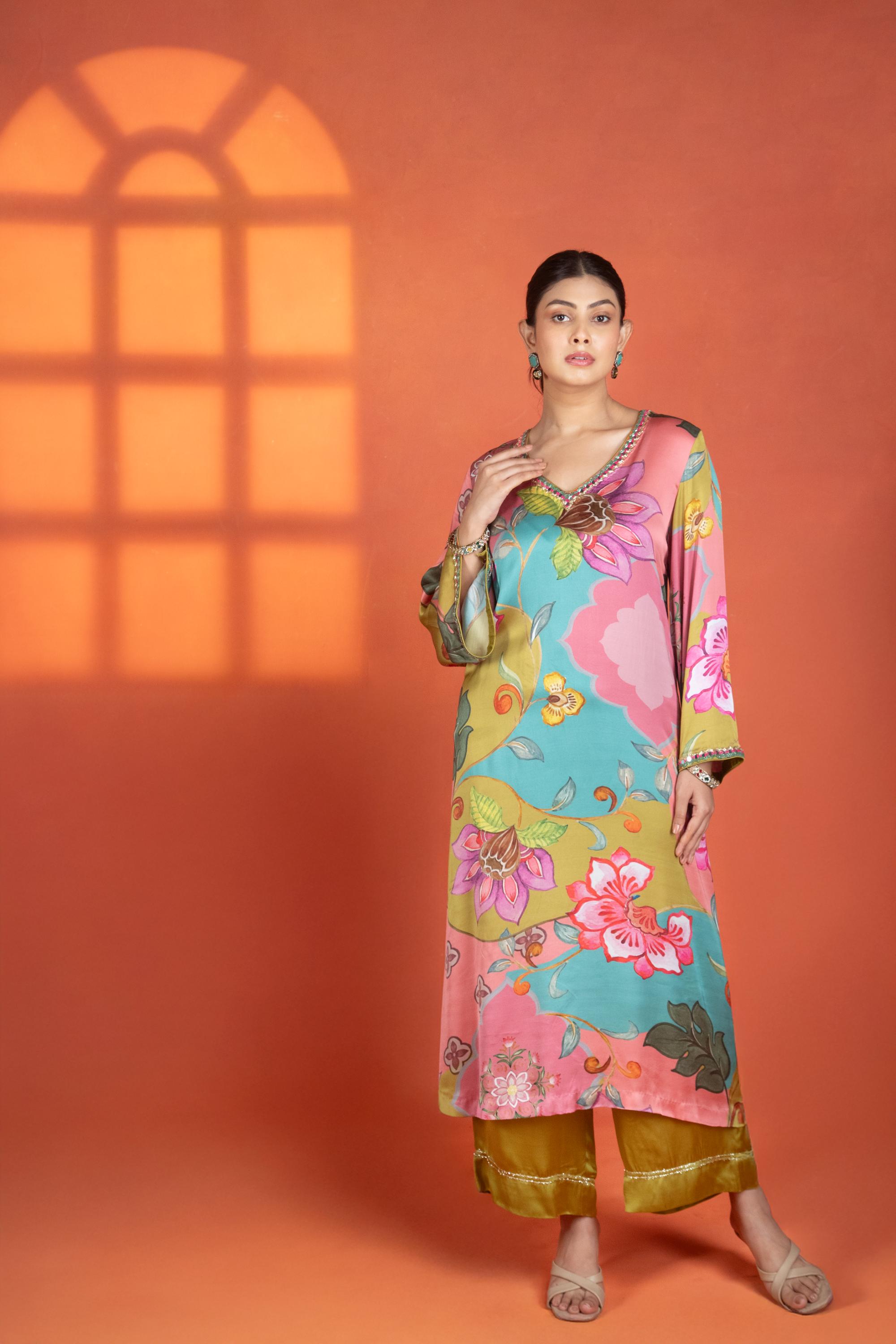 Multi-Color Floral Printed Kurta with Pants & Dupatta