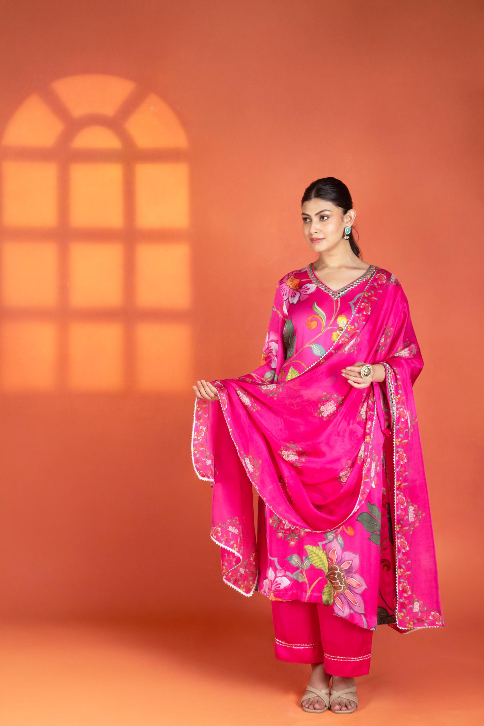 Fushia Floral Printed Kurta with Pants & Dupatta